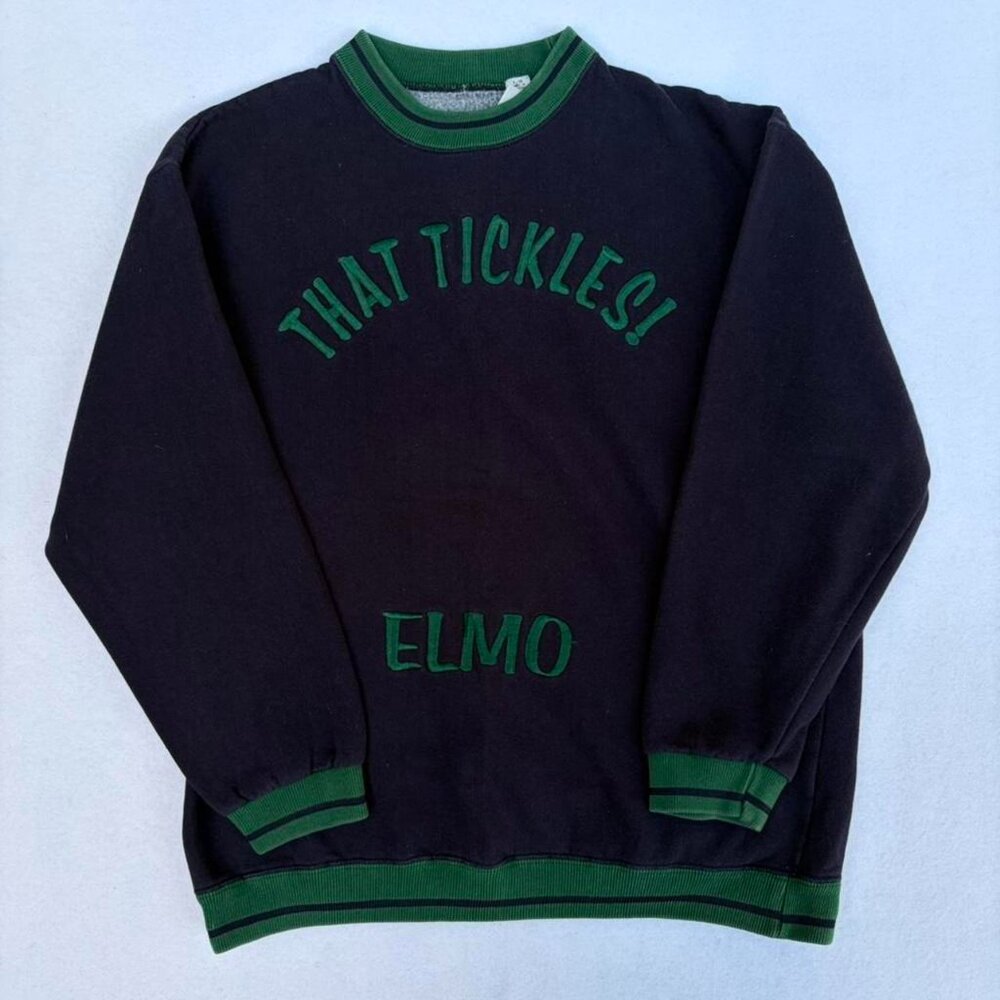 Vintage Sesame Street “Tickle Me! Elmo” Navy Blue Green Crewneck Sweater Sz L